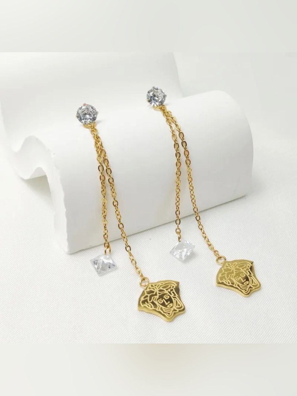 18K Gold Medusa Inspired Luxury Fashion Drip Dangle Earrings Bead Embellishment